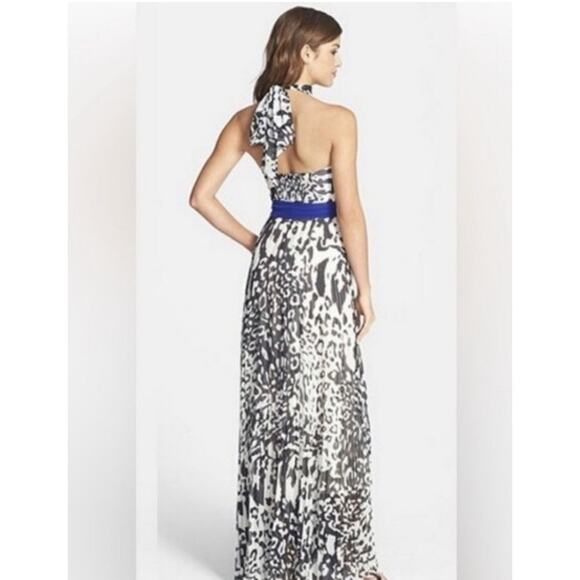 Eliza J Dress Chiffon Halter Maxi Dress Leopard Print Blue Sash Women’s Sz 10P - Picture 3 of 9